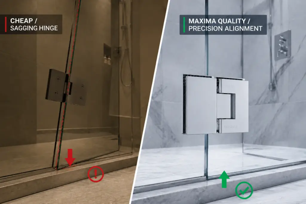 Example of why frameless shower hinges sag due to poor quality