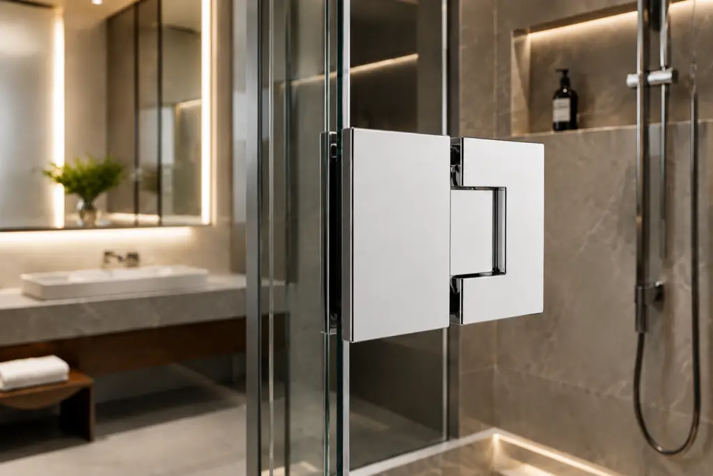 Close-up of a premium heavy-duty shower door hinge on a frameless glass enclosure in a luxury hotel bathroom