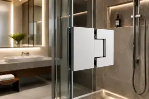 Close-up of a premium heavy-duty shower door hinge on a frameless glass enclosure in a luxury hotel bathroom